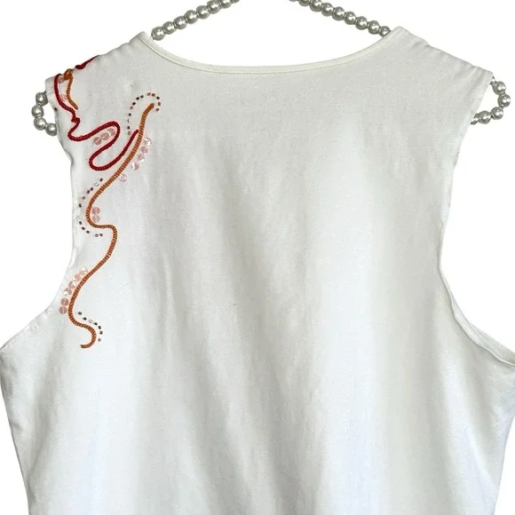Chicos Beaded Sequin Lobster Tank Top Sz 2 Large Beachy Coastal Embroidered Flaw - Picture 8 of 11